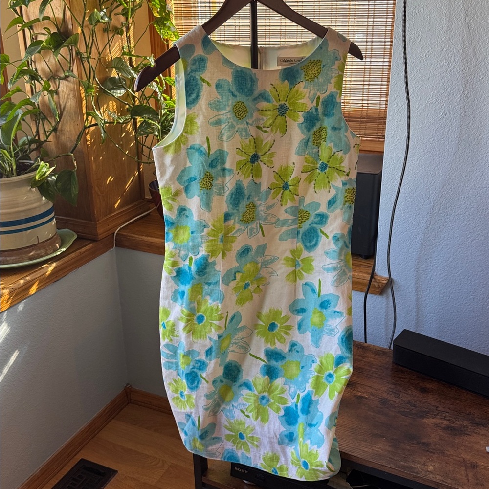 Coldwater Creek White Knee Length Dress with Blue and Lime Floral Print
